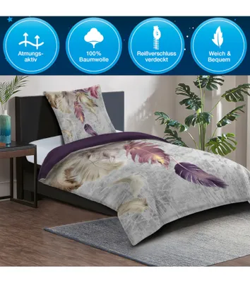 Produktbild von SANILO® Bettwäsche 135x200 cm, 100% feinste Baumwolle, 2-teilig, Bettbezug, Kissenbezug 80x80cm - Federn