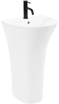 A white pedestal sink with a black faucet.