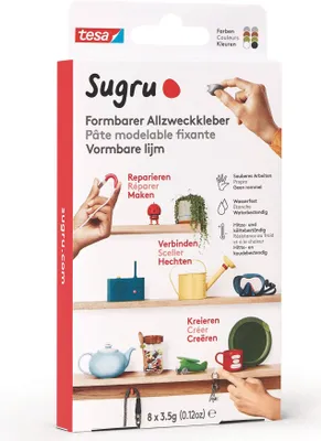 Produktbild von tesa® Allzweckkleber Sugru, formbar, 8 x 3,5 g, 8er Pack., sortiert, 1 x schwarz, 1x weiß, 2 x grün, 2 x braun, 2 x grau
