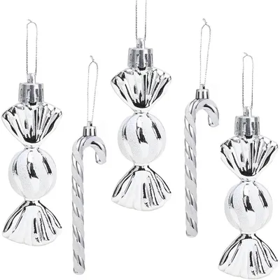 Produktbild von Weihnachtsbaumschmuck Zuckerstangen & Kugeln 18 Stück Silber Weiß Glitzer 12cm/14cm