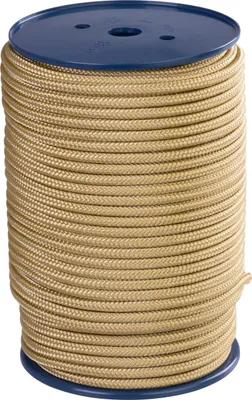 A spool of tan rope on a blue spool.