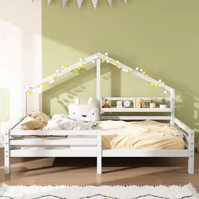 Produktbild von 90x200cm Weiß Kinderbett Mit Ablageregal Kaminform und Lattenrost Hausbett Kiefer Massivholz (Ohne Matratze)