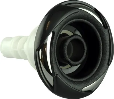 A close-up studio shot of a black and silver jet nozzle with a white ribbed connector.
