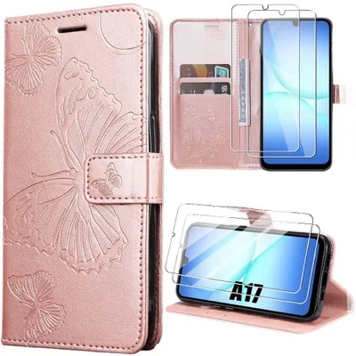 Image de Coque + 2 Verres Trempés pour Samsung Galaxy A17 4G/5G, Protection Motif Papillon Synthécuir Rose