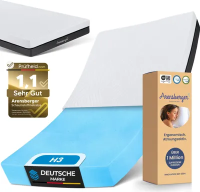 A collage of images showing a mattress, its foam layers, and packaging with marketing information.