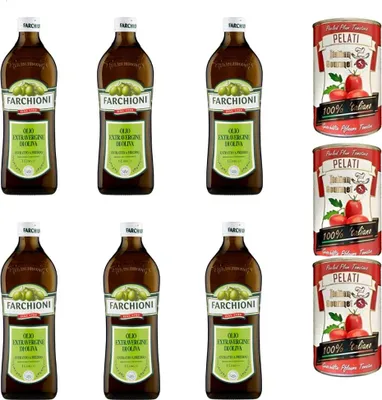 Produktbild von 6x Farchioni Classico Extra Natives nativ Olive Olivenöl 1000ml olio vergine oliva 1lt + Italian Gourmet 100% italienische geschälte Tomaten dosen 3x 400g