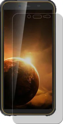 A smartphone with a screen protector on it, displaying a space-themed wallpaper.