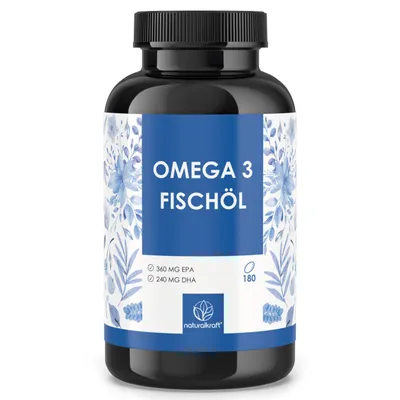 Produktbild von Omega 3 Fischöl – 2000 mg Fischöl pro Tagesdosis mit 600 mg Omega-3, 360 mg EPA & 240 mg DHA – Hochdosiert, Labor und Nachhaltig - 180 Kapseln