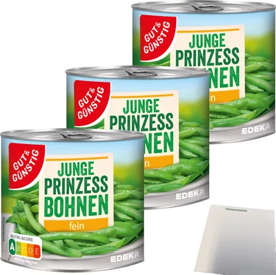 Produktbild von Gut & Günstig Junge Prinzessbohnen fein sortiert 3er Pack (3x400g Dose) + usy Block