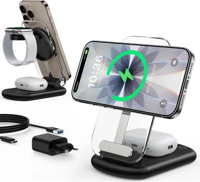 A 3-in-1 wireless charging station with a phone, earbuds, and a watch.