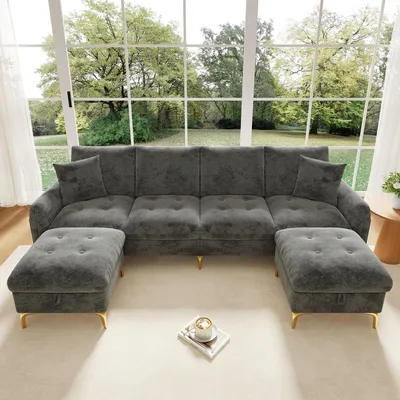 Imagen del producto de Sofá cama en forma de U, de 263x137x85 cm, color gris. Sofá modular de 4 plazas, fabricado en chenilla, con 2 otomanas con espacio de almacenamiento y cojines de asiento desmontables, ideal para el salón