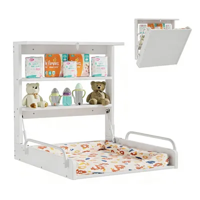 Produktbild von Wandwickelregal , klappbares Wickelregal Wickelkommode Wandwickeltisch mit 3 Regalfächern, bis 15kg Platzsparend zur Einfachen Wandmontage, Holz weiß