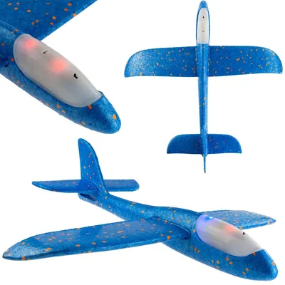 Productafbeelding van TG56682-1 Groot schuimvliegtuig, 49 cm, met LED-verlichting, blauw. Geschikt voor zweefvluchten en werpactiviteiten