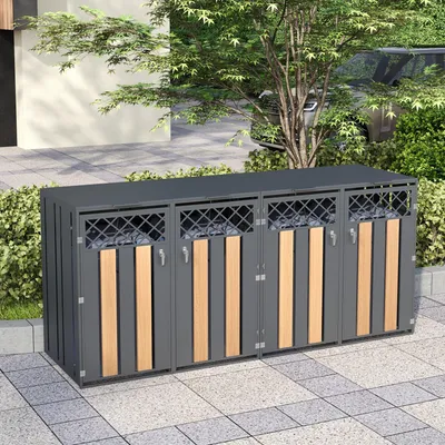 Produktbild von Mülltonnenbox 4er Mülltonnenverkleidung Mülltonnenschrank mit Klappdeckel hydraulisch abschließbar vier Türen verzinkter Stahl Holzoptik outdoor