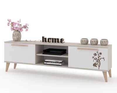 Produktbild von TV-Lowboard Fernsehschrank KING STEHEND MIT GRIFFEN Cashmere/Weiß Matt 120cm, KI-generiertes Bild