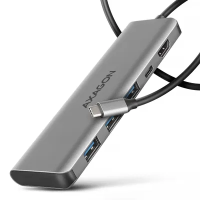 A silver USB-C hub with multiple ports is shown against a white background.