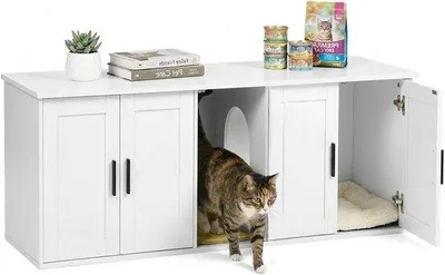 Productafbeelding van Kattenhuis met krabmat - kattenbakverberger - XXL opbergruimte - 145 x 49 x 51 cm - wit