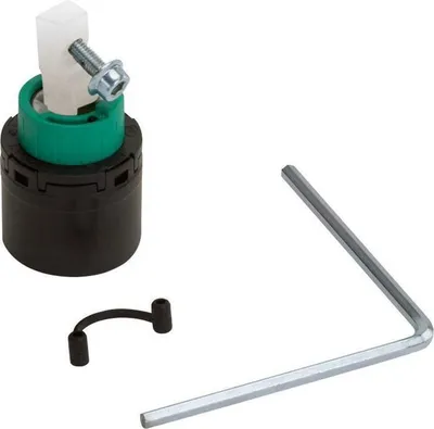 A faucet cartridge and its accessories are displayed on a white background.