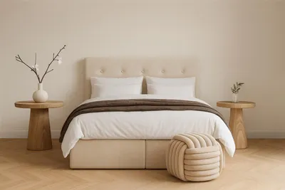 Image de Lit à sommier tapissier Sofello « Wolkenbett » / Lit continental 180 x 200 cm, 2 coffres de rangement, surmatelas de 5 cm, beige, velours beige, tissu velours, sans pieds