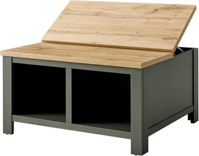 A coffee table with a lift-top is shown against a white background.