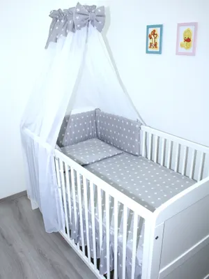 Produktbild von Primawela-Baby Bettwäsche Set- 5 teiliges Set mit Chiffon Himmel Bettset Nestchen - 27. Sterne auf Grau