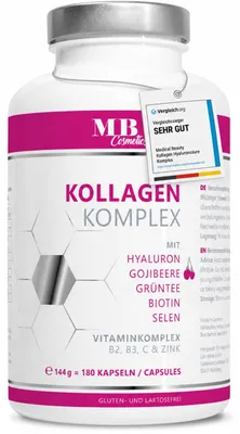 Produktbild von 180 Kollagen Kapseln hochdosiert 1000mg mit Hyaluron, Gojibeere, Biotin und Zink vom Weiderind. Kollagenhydrolysat aus Peptiden inkl. Selen, Vitamin C, B2 und B3. Die Alternative zu Kollagen Pulver.