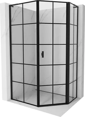 Produktbild von Mexen Mist L asymmetrische Fünfeck-Duschkabine rechts öffnend 80 x 90 cm, schwarzes Gitter, schwarz - 8A8L-080-090-70-77-P