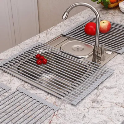 Image de Rack de séchage pliable Rack d'évier en acier inoxydable avec couvercle en silicone pour vaisselle de cuisine Rack d'égouttage