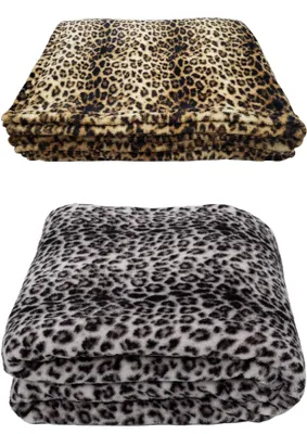 Two folded blankets with leopard print patterns, stacked on top of each other, against a white background.
