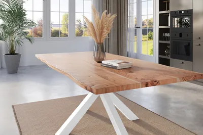 Produktbild von Esstisch Baumkante 220 x 100 cm Akazie natur massiv Spider-Gestell weiß KALEA