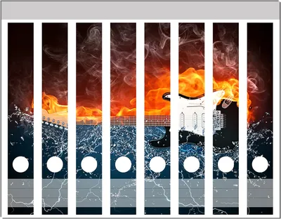 Produktbild von Wallario Ordnerrücken Sticker, selbstklebend für schmale Ordner, 8 Stück, Motiv Feuer-Wasser-Gitarre