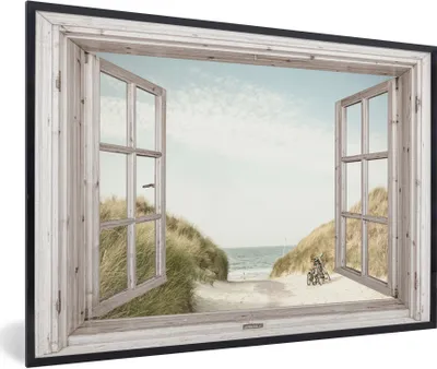 Produktbild von MuchoWow® Gerahmtes Poster Aussicht - Strand - Fahrrad 90x60 cm - Poster mit Schwarzem Bilderrahmen Wandposter Rahmen Foto Bilder - Fotorahmen - Foto-Plakat