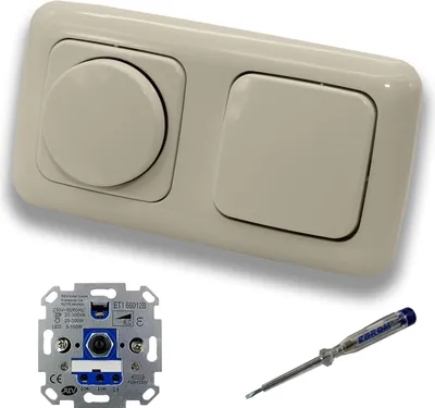 Produktbild von REV Ritter LED Drehdimmer Dimmer + Busch Jäger Dimmerscheibe 2115-212 und Lichtschalter 2000/6 US in DURO2000 cremeweiß glänzend inklusive EBROM Phasenprüfer zur Montage der Geräte ET1 66012B