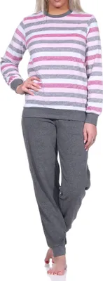 Produktbild von Damen Frottee Pyjama langarm mit Bündchen in Blockstreifenoptik - auch in Übergrößen ; rot , 60/62