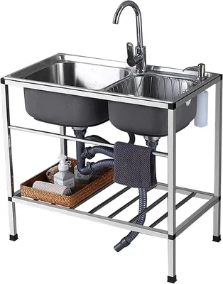 Produktbild von Kommerzielle Küchenspüle mit zwei Fächern aus Edelstahl, freistehend, für Garage, Restaurant, Wäsche und Werkstatt