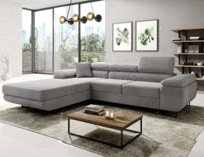 Produktbild von Easy4You Ecksofa NORBERG Kord L-Form Grau – 279x72x205 cm - Schlafsofa mit Bettkasten und Schlaffunktion - Eckcouch mit Stauraum – Links – Stoff Kord