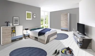 Produktbild von Jugendzimmer Set mit Bett 140x200 cm mit 60cm Kleiderschrank LEEDS-10 in Sandeiche Nb. mit weiß, Lava und Denim Blau