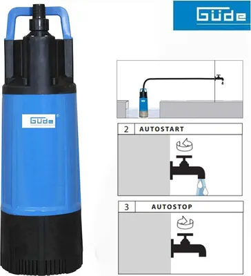A submersible pump and instructional diagrams showing its automatic start and stop functions.