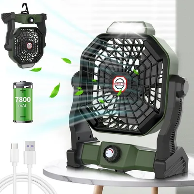 Produktbild von Mini USB-Ventilator Camping Ventilator, 7800mAh Ventilator USB Wiederaufladbarem LED Licht Tragbar Ventilato, 270° Rotation, Armeegrün