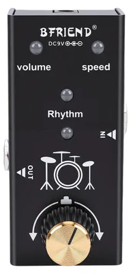 Produktbild von Gitarren-Effektpedal mit 55 Rhythmusmustern sowie Geschwindigkeits- und Lautstärkeregler für E-Gitarre und Bass