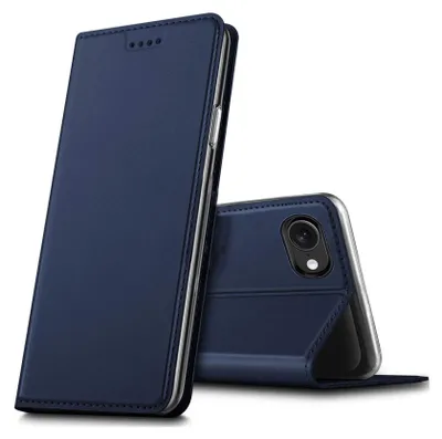 A dark blue flip case for a smartphone is shown in a studio setting against a white background. The case is partially open, revealing the phone inside.