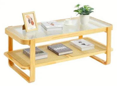 Immagine prodotto di Tavolino in rattan – Tavolino da salotto – Tavolino per il soggiorno – Tavolino in legno – Due livelli – Design moderno