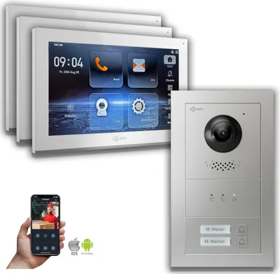 Produktbild von Goliath IP Video Türsprechanlage: 10-Zoll 3 Monitore 2 Fam., Anzeige, Silber : Unterputzdose : 10 Zoll in Weiß : 4er POE Anschluss über:: 4er POE Monitor Auswahl: 10 Zoll in Weiß Türklingel Montagedose: Unterputzdose