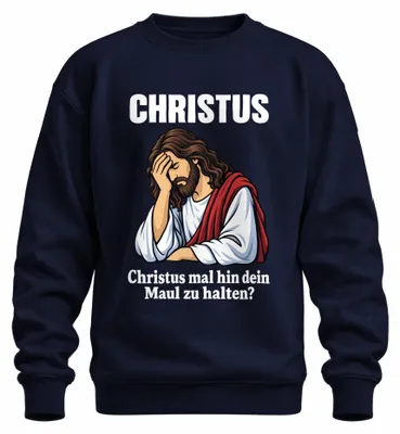 Productafbeelding van Christus: "Houd je mond!" Jezus, gezichtpalm, grappig, sarcasme, sweatshirt, trui, marineblauw, maat M