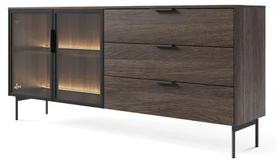 Produktbild von Selsey Lumi - Sideboard 2-türig mit Glasfronten, 3 Schubladen und LED, Eiche Dunin, 181 cm