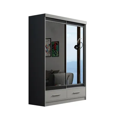 Produktbild von Schiebetürenschrank 150 cm mit Spiegeln und zwei Schubladen, Kleiderschrank mit 2 Schiebetüren, Lieferung bis in die Wohnung (Farbe: Grau)