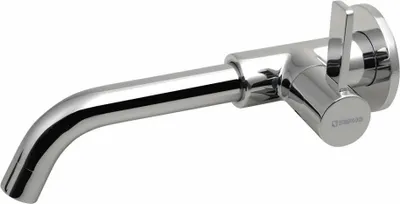 A chrome-plated wall-mounted faucet with a curved spout and a single lever handle.