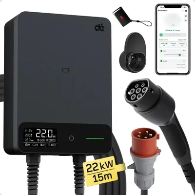 Imagen del producto de Cargador de pared (wallbox) para vehículos eléctricos, modelo EV, 22 kW, con conector Tipo 2 y cable de 15 metros