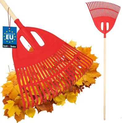 Obrázek produktu pro KOTARBAU® Hrablo na listí z plastu 50 cm s dřevěnou rukojetí 1,5 m Extra Click Hrablo na listí Hrablo na podzimní listí a stříhané živé ploty Zahradní hrablo z plastu Červené a lakované dřevo