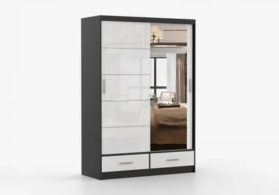 Produktbild von FRENCE Schwebetürenschrank Kleiderschrank 150 cm Schwarz/Weiß Hochglanz mit Spiegel, Schubladen, Schiebetürenschrank